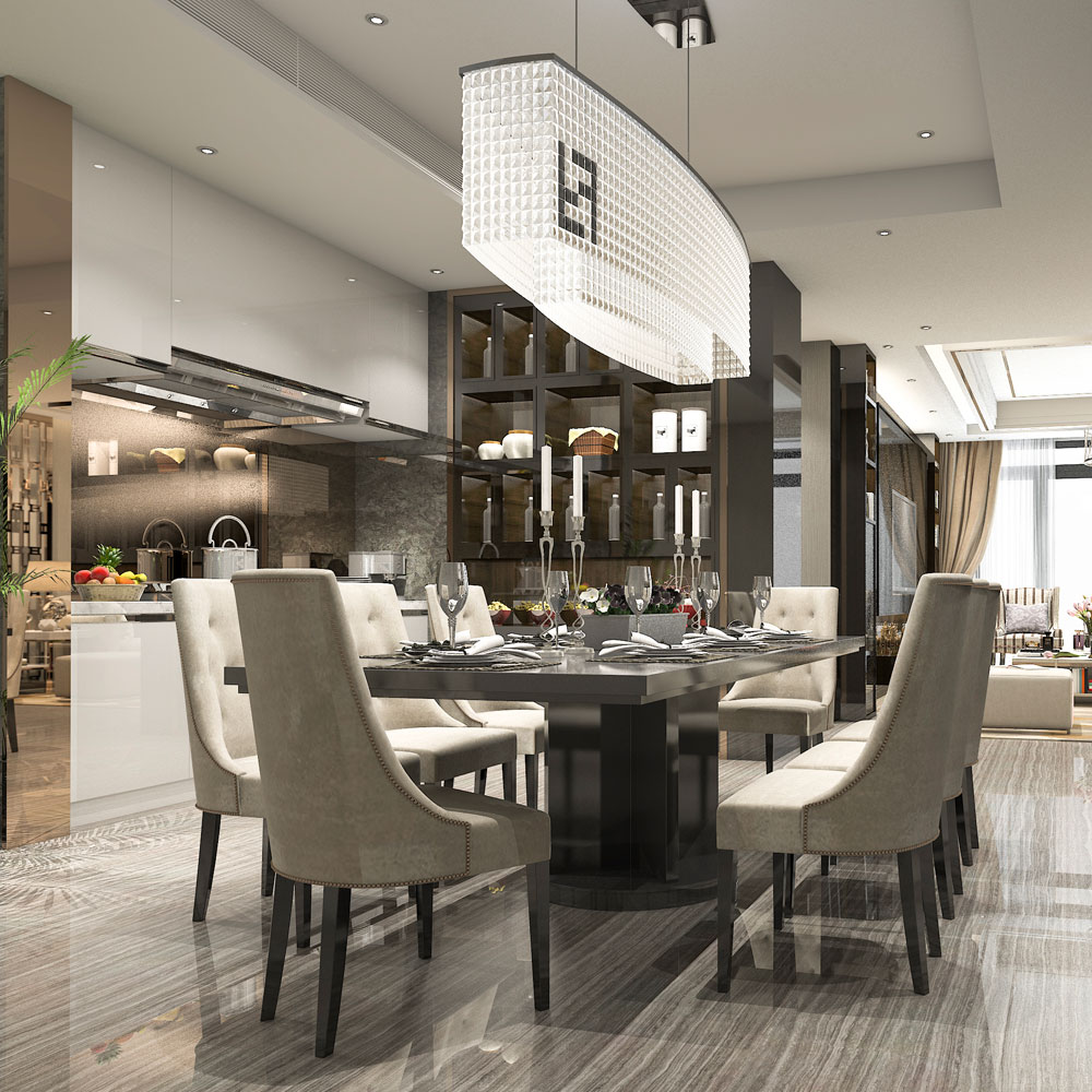 Elegant dining table with open kitchen